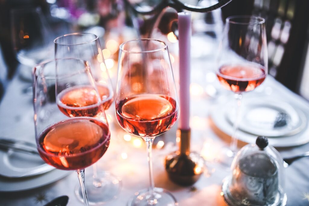 wine, rose, wine glasses, table, evening, rose flower, party, alcoholic drinks